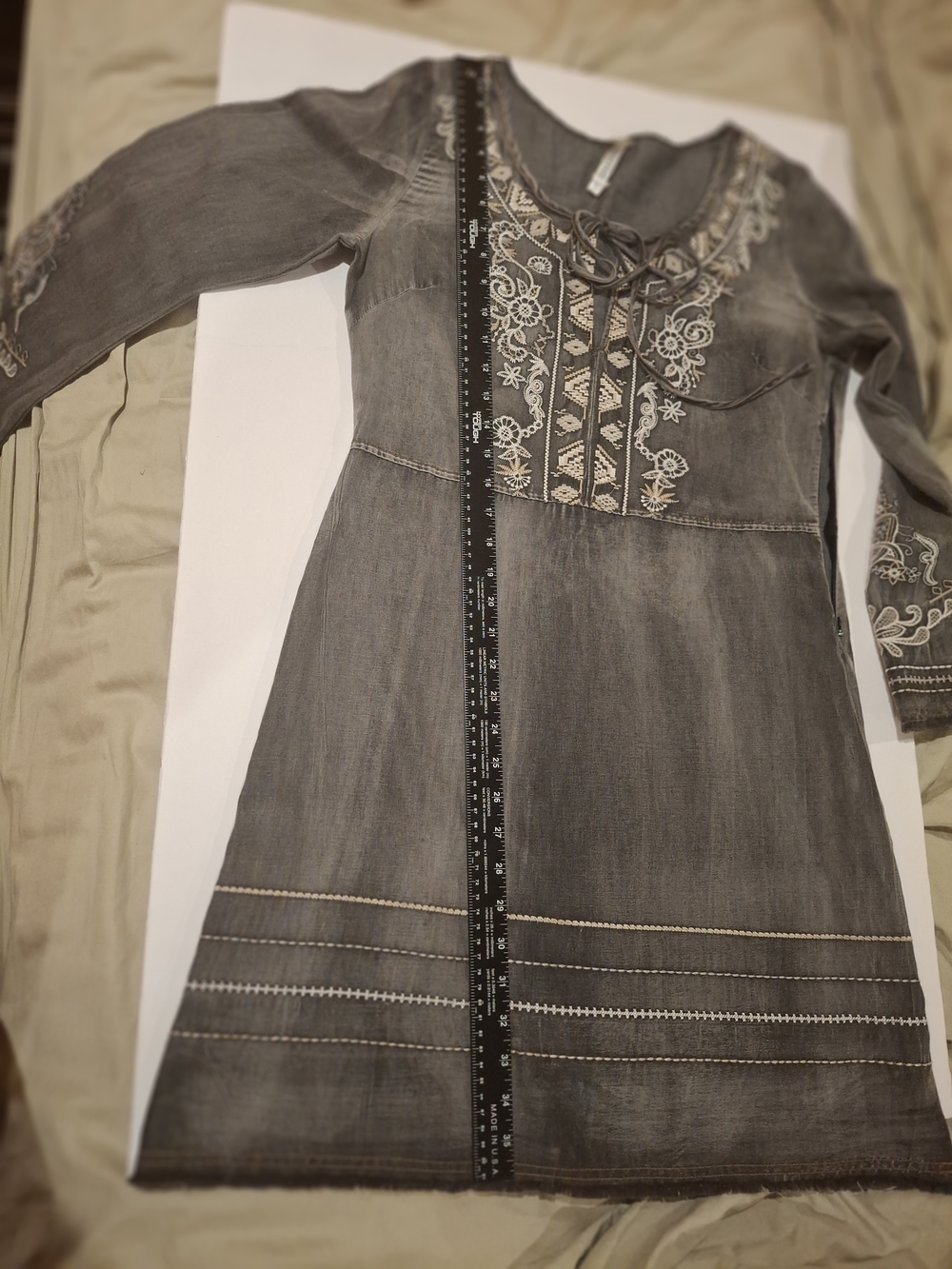 Embroidered Boho Slate Gray Peasant Dress - Picture 9 of 16